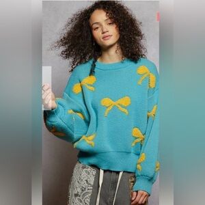 POL Teal Sweater with Mustard Bow Details